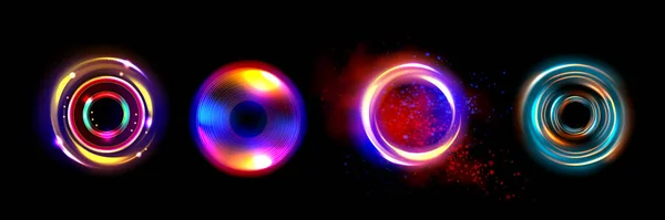 黒の背景に孤立した丸い光のフレアのセット 輝く粒子 発光効果を持つ虹色の円のベクトル現実的なイラスト 放射エネルギー渦 ディスコ装飾 — ストックベクタ