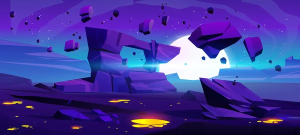 月球卡通片背景的夜间太空行星沙漠 带有月光 浮石粒子和地外水坑的蓝色幻想矢量游戏在地面视频游戏场景中的演示 — 图库矢量图片