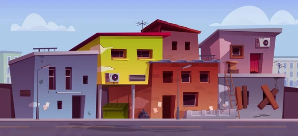 Pobres Casas Abandonadas Distrito Gueto Desenho Animado Vetorial Ilustração Paisagem —  Vetores de Stock