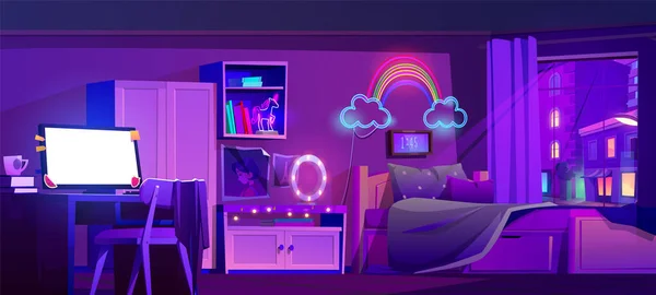 Gadis Remaja Tidur Malam Hari Vektor Gambar Kartun Ruang Rapi - Stok Vektor