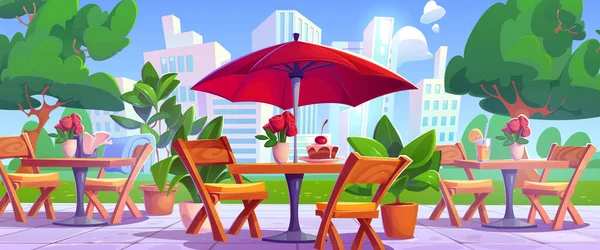 Güneşli Bir Günde Şehir Parkındaki Açık Bir Kafede Şemsiyenin Altındaki — Stok Vektör