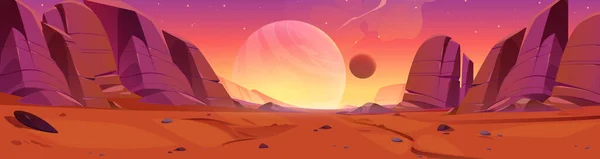 赤い異星人の惑星の表面と岩の石 オレンジ色の塵で覆われた火星の砂漠の風景のベクトル漫画のイラスト 空に輝く星 宇宙銀河探査 冒険ゲームの背景 — ストックベクタ