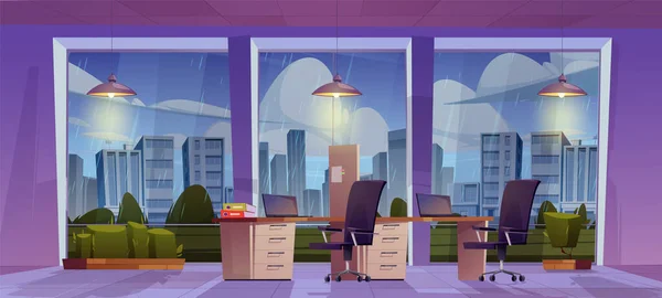 Rain View City Office Window Vector Cartoon Background Ninguém Sala — Vetor de Stock