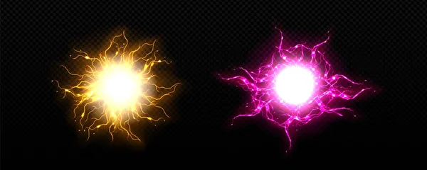 雷爆発ベクトル効果を持つ現実的なボルトサークル 雷電ボール放電 3D隔離された雷雨ネオン爆風レーザー要素 透明な火花火球ヒットイラスト — ストックベクタ