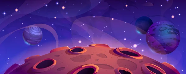 宇宙銀河ベクトル惑星漫画の背景 月のクレーターと抽象的な衛星テクスチャを持つファンタジーコスモスの宇宙イラスト 夜の赤い小惑星の土地は 太陽ミッションの概念で旅行する — ストックベクタ