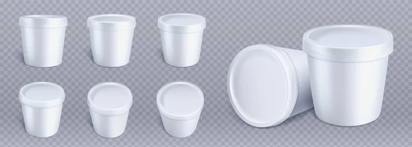 Weiße Plastikeimer Container Attrappe Joghurt Papier Runde Tasse Vektor Attrappe — Stockvektor