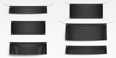 Boş tuval pankartları maketi. Yatay kumaş bayraklar, iplere asılı tekstil çarşafları. Şeffaf arkaplanda izole edilmiş kıvrımları olan boş siyah bez pankartlar, vektör gerçekçi kümesi