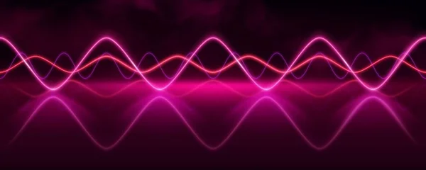 ピンクのネオンオーディオ音声波パルス光 要旨無線電子音楽周波数ベクトル効果の背景 煙とぼやけた曲線のグラフイラストと活気のあるトラックイコライザー波形 — ストックベクタ