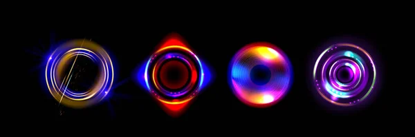 一组在黑色背景上隔离的圆形照明弹 具有霓虹灯发光效果的彩虹彩色圈矢量真实感图解 径向能量涡旋 光晕门 迪斯科装饰 — 图库矢量图片