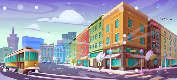 Winter City Street Com Bonde Retro Desenho Animado Vetor Ilustração — Vetor de Stock