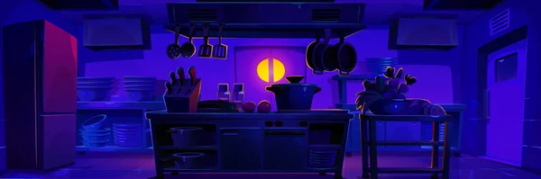 Restaurace Kuchyně Interiér Noci Vektorové Kreslené Ilustrace Tmavé Místnosti Kuchyňským — Stockový vektor
