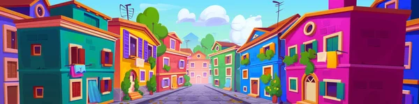 Renkli Evleri Olan Eski Bir Talyan Mahallesi Taş Kaldırımlı Yollarla — Stok Vektör