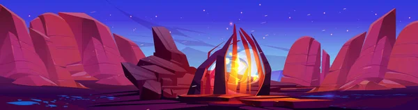 夜に魔法の石のポータルと砂漠 幻想的なゲート 暗い空に輝く星に輝くネオン黄色の光と岩の風景のベクトル漫画のイラスト アドベンチャーゲームの背景 — ストックベクタ