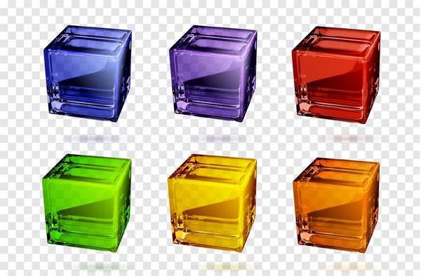 Conjunto Realista Cubos Vidrio Diferentes Colores Aislados Sobre Fondo Transparente — Vector de stock