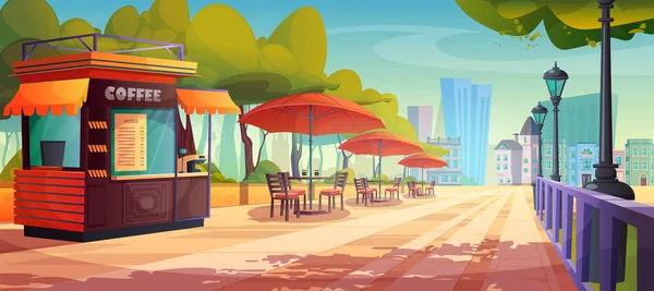 市立公园广场的户外街边咖啡馆的卡通画 花园区的遮阳篷餐厅外面 有桌子 椅子和橙色的伞 城市景观与露天咖啡摊位 — 图库矢量图片
