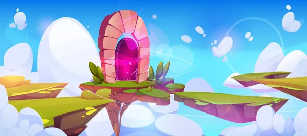 Gioco Rosa Portale Magico Isola Galleggiante Cielo Sfondo Cartone Animato — Vettoriale Stock