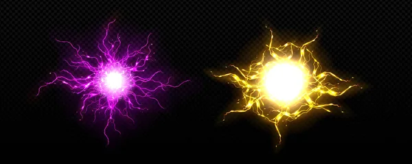 雷爆発ベクトル効果を持つ現実的なボルトサークル 雷電ボール放電 3D隔離された雷雨ネオン爆風レーザー要素 透明な火花火球ヒットイラスト — ストックベクタ