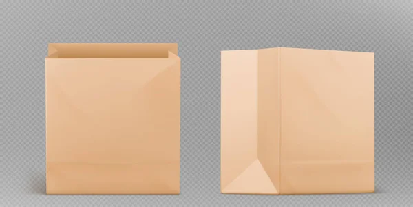 现实的褐色纸袋模型孤立在透明的背景下 外卖食品 小吃的生态包装 空白表面的开放式工艺包装的病媒图解 — 图库矢量图片