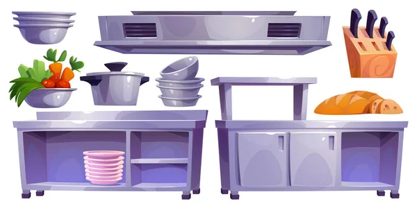 Mutfak Içi Yemek Pişirmek Için Profesyonel Ekipmanlarla Dolu Masaları Masaları — Stok Vektör
