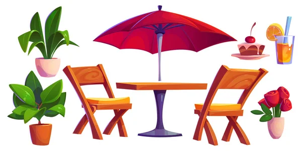 Kültéri Kávézó Terasz Vagy Étterem Terasz Asztallal Esernyővel Bútorok Büfé — Stock Vector