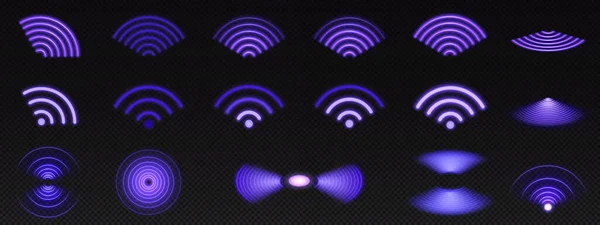 一套现实的紫色无线电波信号信号 在透明的背景下被隔离 无线连接径向符号的矢量图解 声音传播 脉冲效应 振动频率 雷达面积 — 图库矢量图片