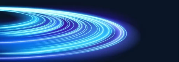 光のエネルギー効果を持つネオン惑星リング 青いスピードトレイルパスの輝き要素を持つ魔法のコスモスラウンドラインフレア 明るい動き円板形状抽象ベクトル技術壁紙 — ストックベクタ