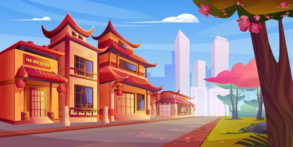 Strada Cinese Con Edificio Ristorante Città Sfondo Cartone Animato Chinatown — Vettoriale Stock