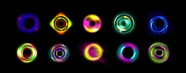 Işık parıltısı vektör etkisine sahip neon optik haleler. Dairesel enerji patlaması soyut çerçeveyi 3 boyutlu parlaklıkla parlatmaktadır. Dijital fantezi portalı girdap şekli çizimi. Güzel pembe küre büküm elementi