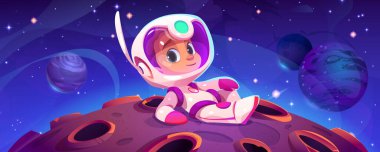 Uzaylı gezegeninde yatan sevimli astronot çocuk. Uzay giysisi ve miğfer takmış, kraterlerle Ay 'ı keşfeden küçük bir çocuğun vektör çizimi, gece gökyüzünde parlayan pek çok yıldız, uzay görevi.