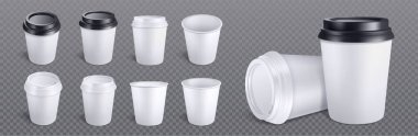 3D beyaz kahve fincanı izole edilmiş vektör modeli seti. Siyah plastik kapaklı ve boş marka tasarımlı eko çay kupası. Sipariş için tek kullanımlık paketleme ve soğuk latte içmeye gitmek profesyonel şablon.
