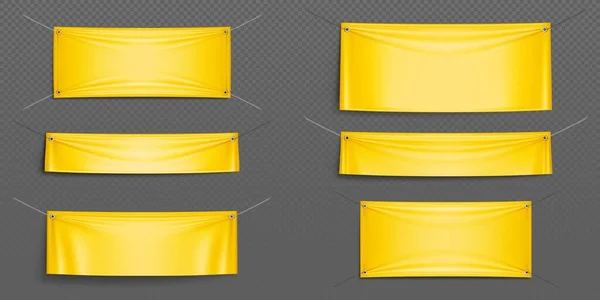 Prázdné Žluté Plátěné Plakáty Vodorovné Textilní Vlajky Textilní Plachty Zavěšené — Stockový vektor