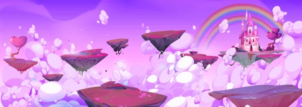 浮かぶ島と魔法の城の漫画のイラストと紫のファンタジーの空 おとぎ話のモバイルRpgゲーム飛行プラットフォーム上の虹の風景と中世の王女の邸宅とベクトルの背景 — ストックベクタ