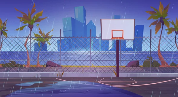 Yağmurlu Sokak Basketbol Sahası Şehir Manzarası Silüeti Deniz Kıyısındaki Karikatür — Stok Vektör