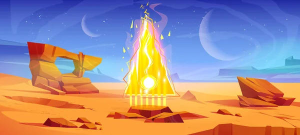 Ruimte Woestijn Met Magische Portaal Vector Cartoon Illustratie Van Buitenaardse — Stockvector