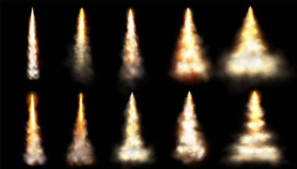 ロケットの煙速度火災歩道雲ベクトル絶縁効果 3D現実的な平面またはジェット発射コントライル炎スプレー シャトルや宇宙船は空で爆発を離陸 航空機結露線の質感 — ストックベクタ