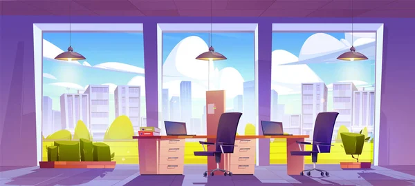 Interior Escritório Empresa Com Grandes Janelas Móveis Ilustração Desenho Animado — Vetor de Stock