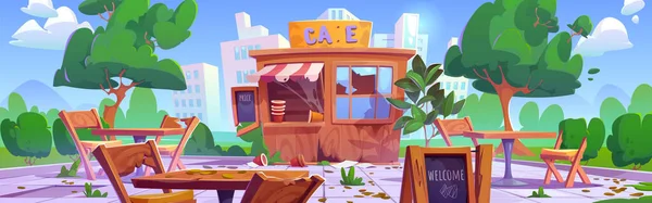 Verlassenes Café Cafeteria Oder Straßenrestaurant Mit Schmutzigen Zerbrochenen Möbeln Buden — Stockvektor
