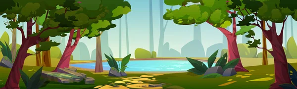 Blauer See Dichten Sommerwald Vektor Cartoon Illustration Einer Wunderschönen Naturlandschaft — Stockvektor