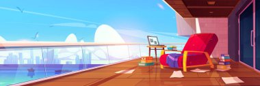 Şehir ve deniz manzaralı modern balkon. Rahat koltuklu geniş terasın vektör karikatür çizimi, masada dizüstü bilgisayar, yerde yığınla kitap ve kağıt, dağınık serbest çalışma alanı