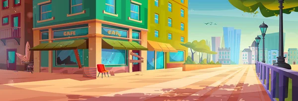 stock vector Abandoned outdoor street cafe exterior cartoon illustration. Summer city near park with neglected restaurant and broken window glass. Closed bistro building facade architecture area cityscape scene
