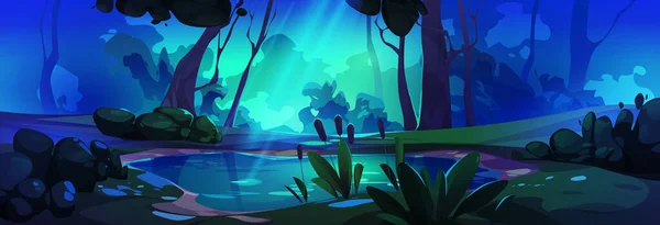 沼と神秘的な夜の森の風景 ゲームの背景 湖の水 月明かりのビーム 古い木や茂み 地面に緑の草や石のための不気味な性質のベクトル漫画のイラスト — ストックベクタ