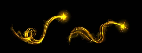 Goldmagischer Glühlinieneffekt Und Neon Swirl Shine Vektor Energiewelle Mit Fackeln — Stockvektor