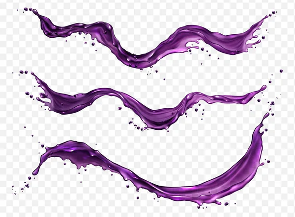 紫色葡萄汁溅着向量浆果水滴 孤立现实的蓝莓鸡尾酒饮料流动波 Beetroot或黑莓紫罗兰甜多汁溪流插图模板集用于广告 — 图库矢量图片