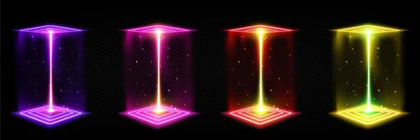 3D全息图正方形霓虹灯光效游戏门户 以粉色 紫色和红色构成的科幻传输概念的技术超立方体舞台框架 抽象Vr接口向量魔术Hud门 — 图库矢量图片