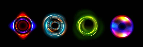 Siyah Arkaplanda Izole Edilmiş Yuvarlak Işık Patlamaları Gökkuşağı Renkli Dairelerin — Stok Vektör