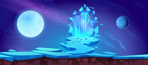Vesmírná Herní Platforma Magickým Ledovým Portálem Vektorové Kreslené Ilustrace Kamenného — Stockový vektor
