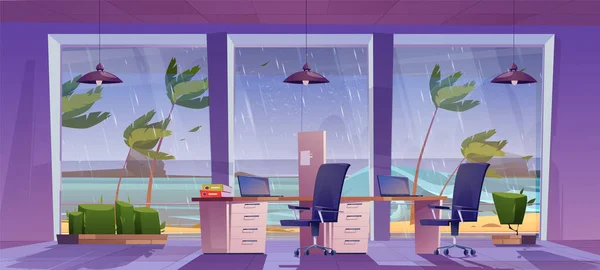 从办公室矢量背景看暴雨和海风波 卡通空旷空旷的室内设计与办公桌 笔记本电脑和灯具 露天工场外的热带雨天 — 图库矢量图片