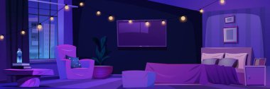 Gece konforlu otel odası karikatür vektör iç plan. Duvarında çelenk, yastık ve televizyon olan boş, modern bir yatak odası. Komodinin üzerinde su şişesi olan mor iç dizayn konsepti.