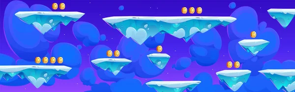 冬季游戏岛屿 金银财宝在蓝色背景上飘扬 多云的天空中覆盖着雪的土地的矢量卡通画 长而短的地面部分 供桂冠设计用 — 图库矢量图片