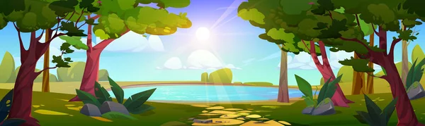 森林公園のベクトルの風景の背景に湖 アドベンチャーゲーム漫画のイラストのための夏の自然景観環境 太陽の光レイグラフィック壁紙と葉の荒野のシーンを探索 — ストックベクタ